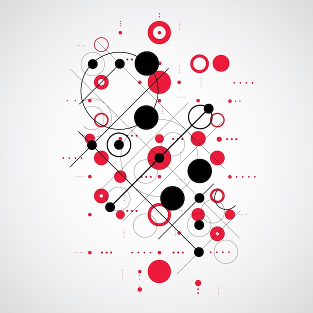 vector bauhaus abstract red background made with grid and overlapping simple geometric elements, circles and lines. retro style artwork, graphic template for advertising poster.
