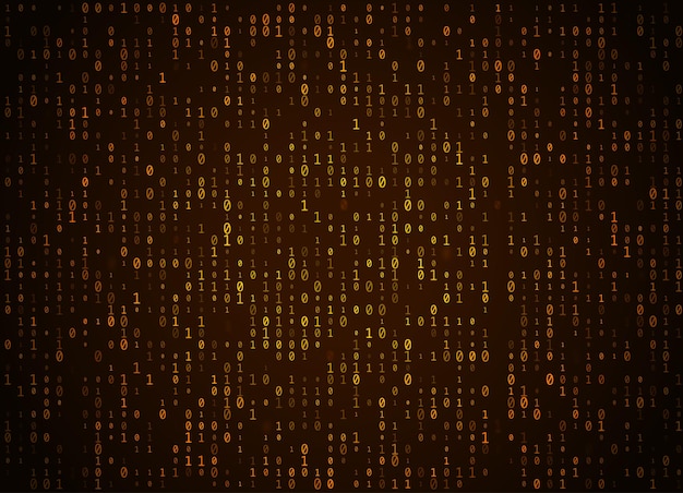 Vector binary code golden background. Big data and programming hacking, deep decryption and encryption, computer streaming numbers 1,0. Coding or Hacker concept.