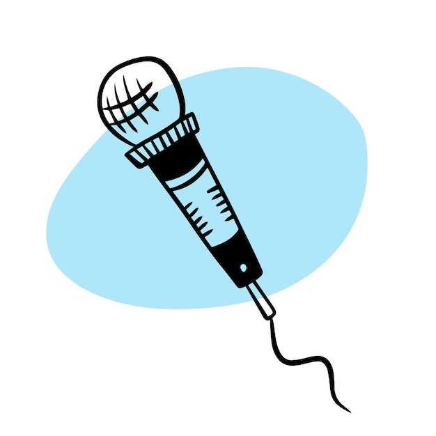 vector black and white illustration of a lineart wired microphone in a cartoon handdrawn style