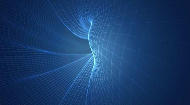 Vector blue background of 3d polygonal mesh, bends, waves and flows