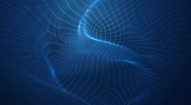 Vector blue background of 3d polygonal mesh, bends, waves and flows