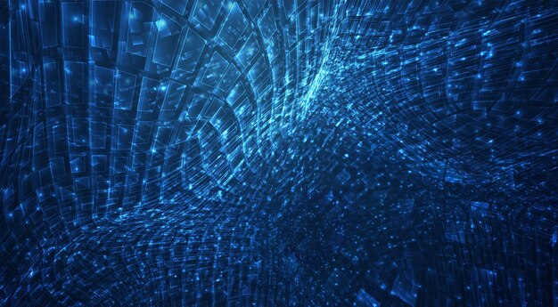 Vector blue stream of luminous particles and crystals, virtual data