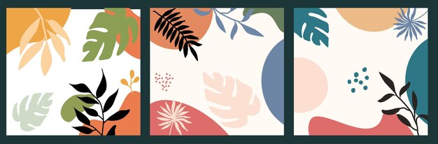 Vector botanical vertical banners set with leaves and oval elements in different color palettes