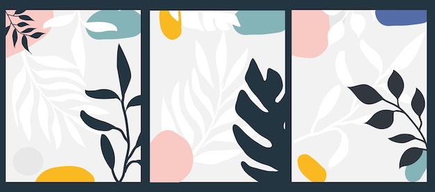 Vector botanical vertical banners set with leaves and oval elements in different color palettes