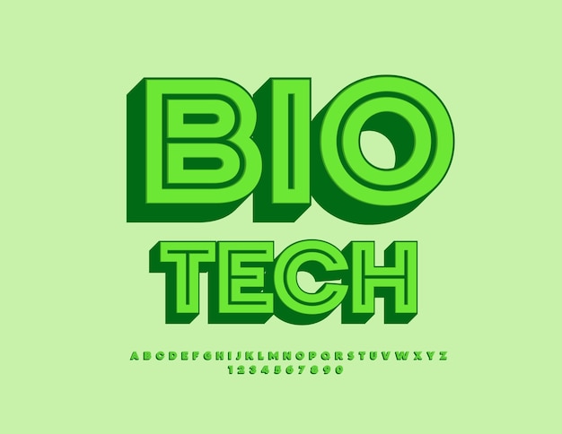 Vector bright logotype Bio Tech with Green 3D Font Modern Alphabet Letters and Numbers set