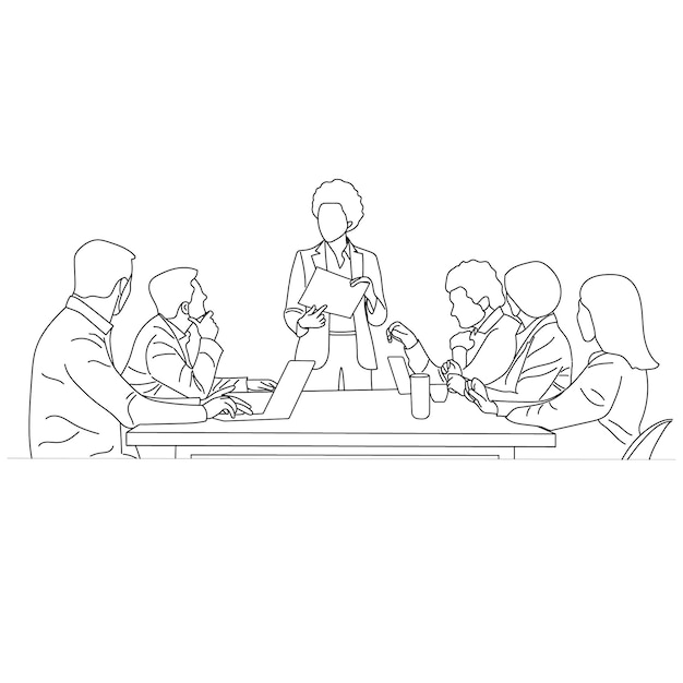 Vector business meeting discussion between workers in a table cartoon Line art