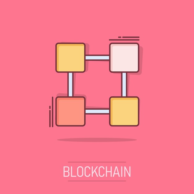Vector cartoon blockchain technology icon in comic style Cryptography cube block concept illustration pictogram Blockchain algorithm business splash effect concept