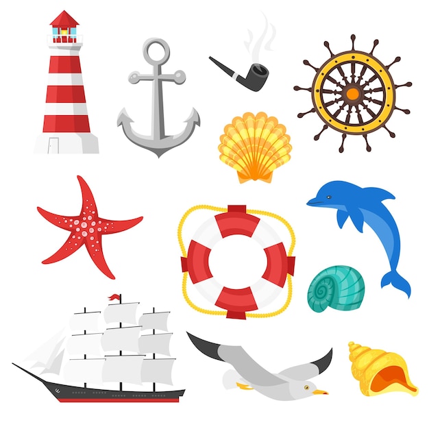 vector cartoon style set of sea objects. icon for web. isolated on white background.