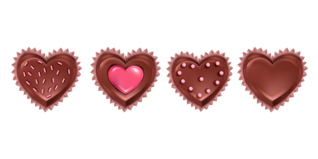 Vector chocolate candy Valentines Day realistic set isolated on white. Sweet romantic 3D dessert icons with holiday heart-shaped love cupcakes. Chocolate candy February gift delicious collection
