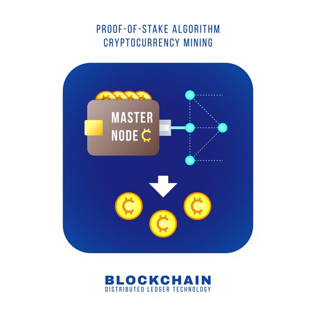 Vector colorful flat design proof of stake algorithm cryptocurrency POS mining principle explain scheme illustration blue rounded square icon isolated white background