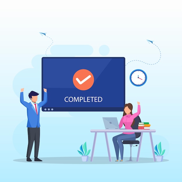 vector concept complete business team cheering with task completed check mark