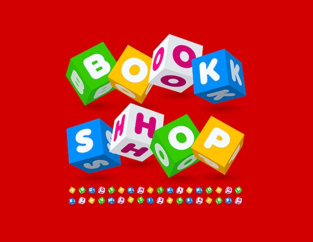 Vector creative logo Book Shop Bright Cubic Font for Kids Playful Alphabet Letters and Numbers set