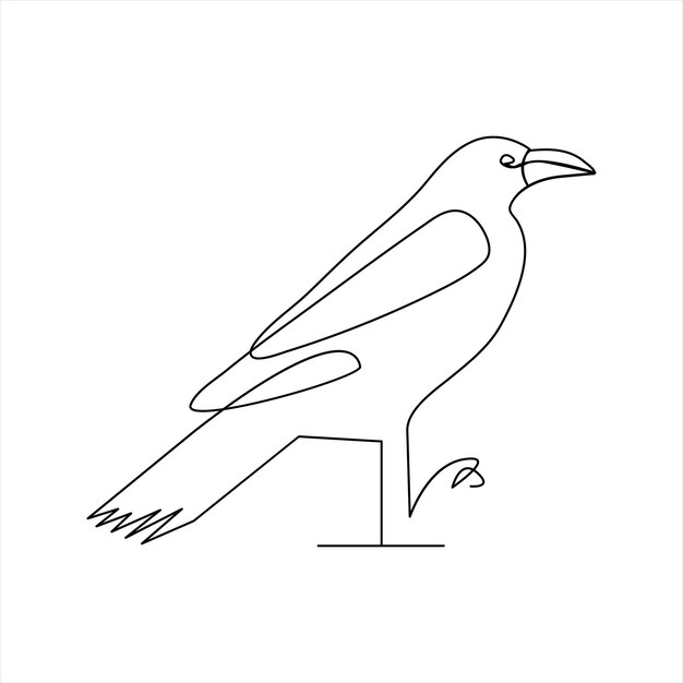 Vector crow drawing in one continuous line isolated on white background illustration minimal