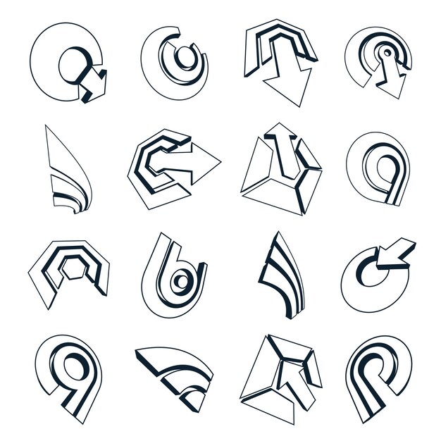 vector dimensional business and corporate graphic symbols collection. set of black and white arrows and different simple design elements.