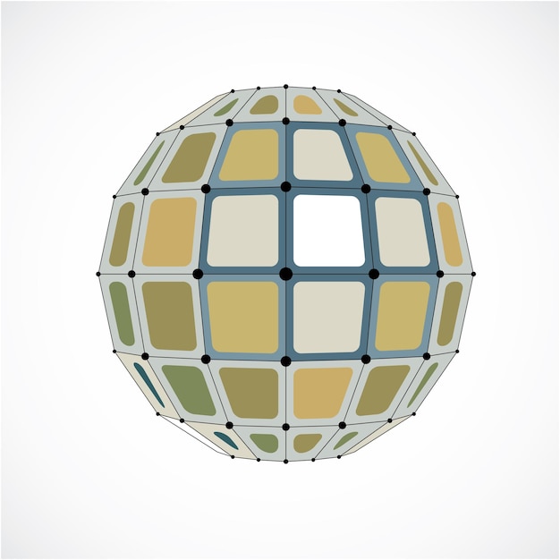 Vector dimensional wireframe low poly object, spherical yellow facet shape with black grid. Technology 3d mesh element made using squares for use as design form in engineering.