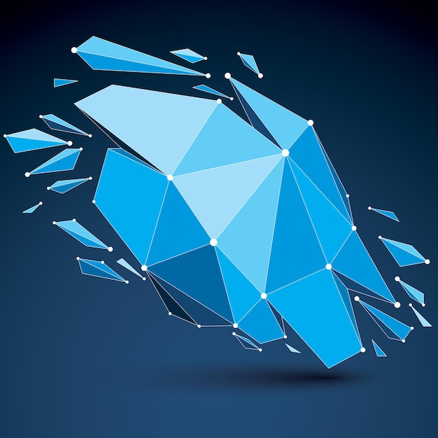 Vector dimensional wireframe luminescent object with blue connected lines, spherical demolished shape with refractions and wreckage. 3d mesh global technology element broken into pieces.