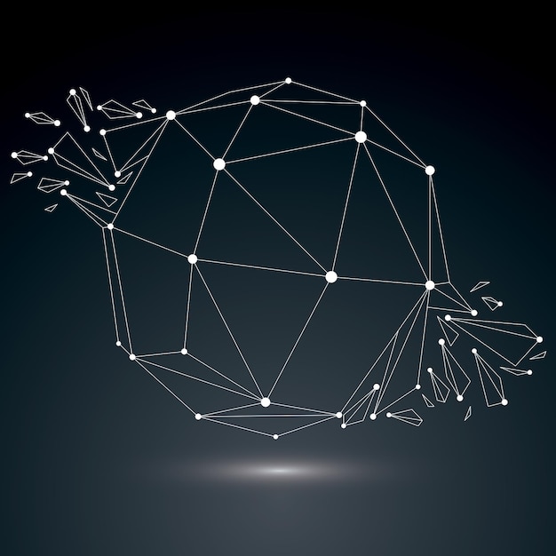 Vector dimensional wireframe luminescent object with white connected lines, spherical demolished shape with refractions and wreckage. 3d mesh global technology element broken into pieces.