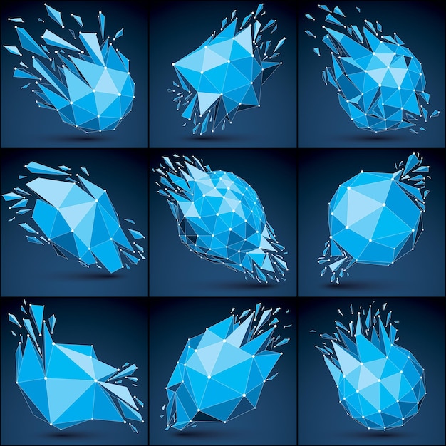 Vector dimensional wireframe luminescent objects collection with blue connected lines, demolished shapes with refractions and wreckage. Set of 3d mesh global technology elements broken into pieces.
