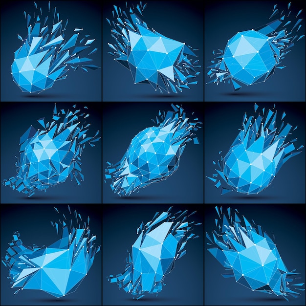 Vector dimensional wireframe luminescent objects collection with blue connected lines, demolished shapes with refractions and wreckage. Set of 3d mesh global technology elements broken into pieces.