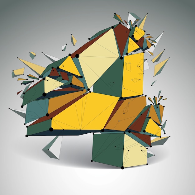 Vector dimensional wireframe number 4, colorful demolished digit with fragments. 3d mesh technology element broken into pieces.