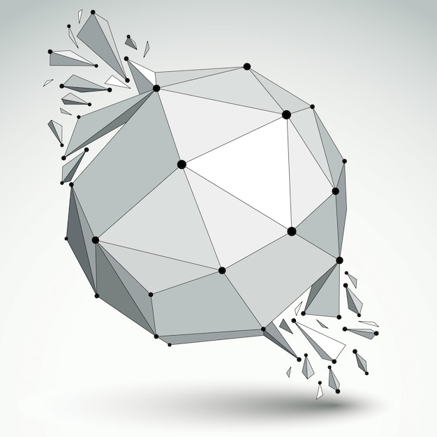 vector dimensional wireframe object, spherical demolished shape with refractions and wreckage. 3d mesh technology element broken into pieces.