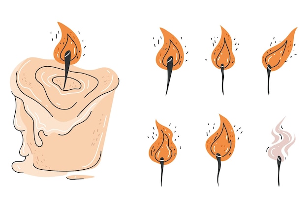 vector doodle line art style candle with different flame shapes isolated set
