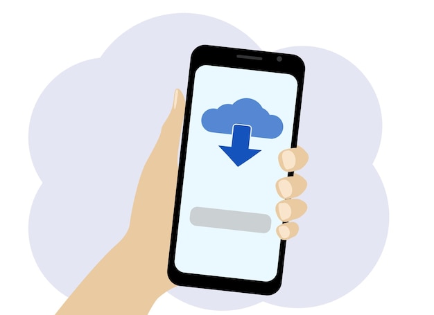Vector drawing hand with a mobile phone in which the symbol is a cloud. Data storage.