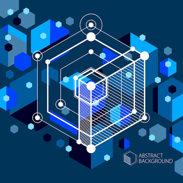 Vector drawing of blue black industrial system created with lines and 3D cubes. Modern geometric composition can be used as template and layout.