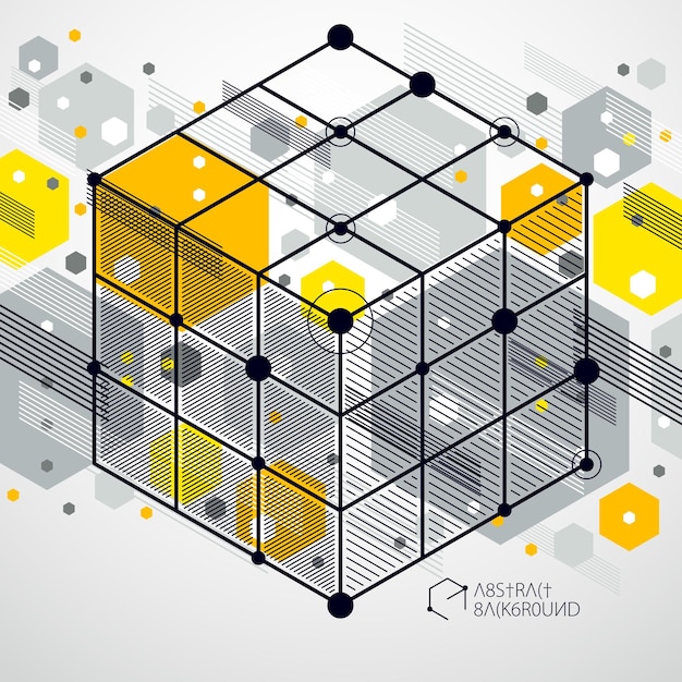 Vector drawing of yellow industrial system created with lines and 3D cubes. Modern geometric composition can be used as template and layout.