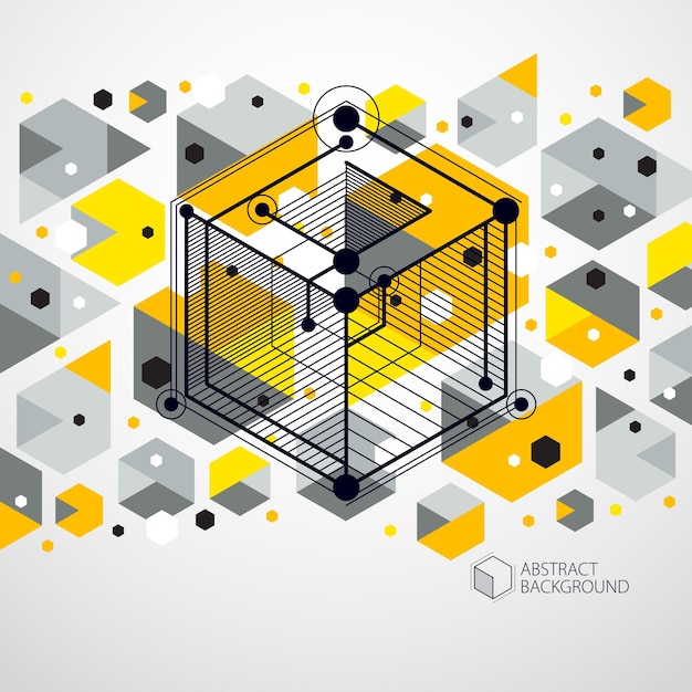 Vector drawing of yellow industrial system created with lines and 3D cubes. Modern geometric composition can be used as template and layout.