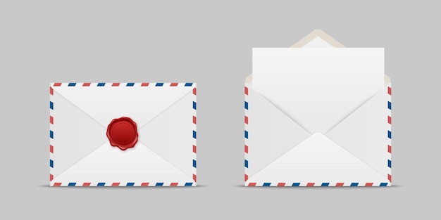 Vector Envelopes with Red Wax Seal and Blank Letter Folded Unfolded Isolated Envelope Set in Top View Design Templat Message Notification Mailing Surprise and Congratulations Concept