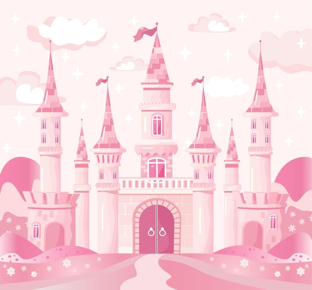 Vector fairytale castle in pink gradient background with clouds several towers with flags