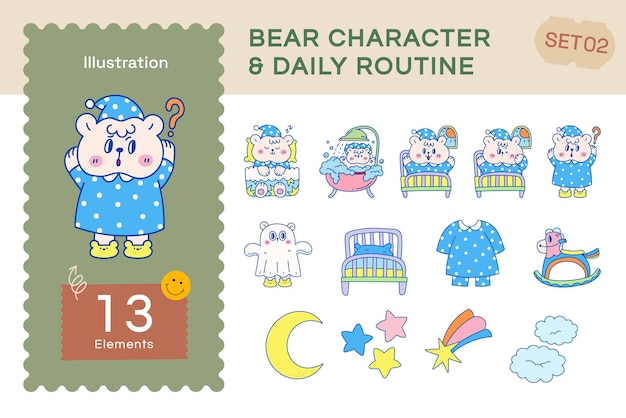 vector flat bear character and daily routine set2