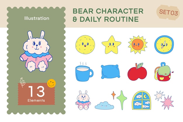 vector flat bear character and daily routine set3