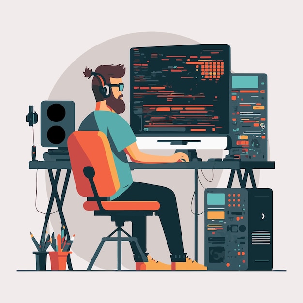 Vector flat illustration software developer cyber program security