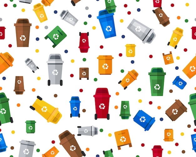 Vector flat seamless texture pattern colored waste bins.