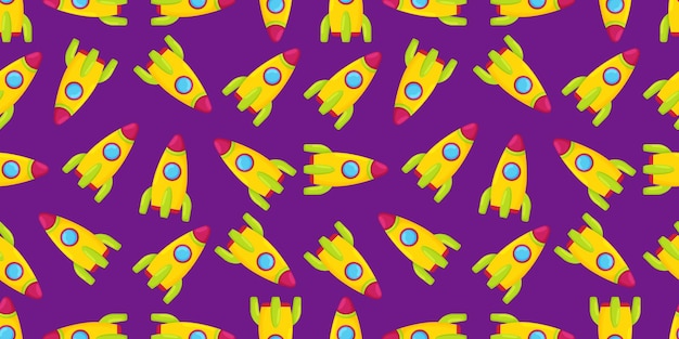 Vector flat spatial seamless background with a rocket pattern Cute template with rockets