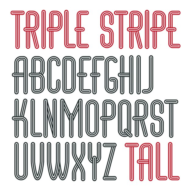 Vector funky capital English alphabet letters collection. Cool condensed font, script from a to z can be used in poster art. Made with triple stripy decoration.