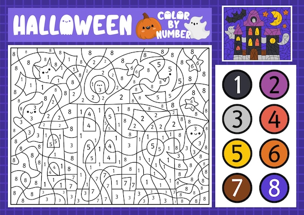 vector halloween color by number activity with cute kawaii haunted house autumn scary holiday scene black and white counting game with spooky cottage trick or treat coloring page for kids