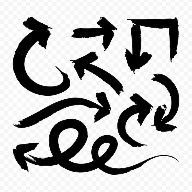 Vector hand drawn curvy arrows set in grunge effect on transparent background