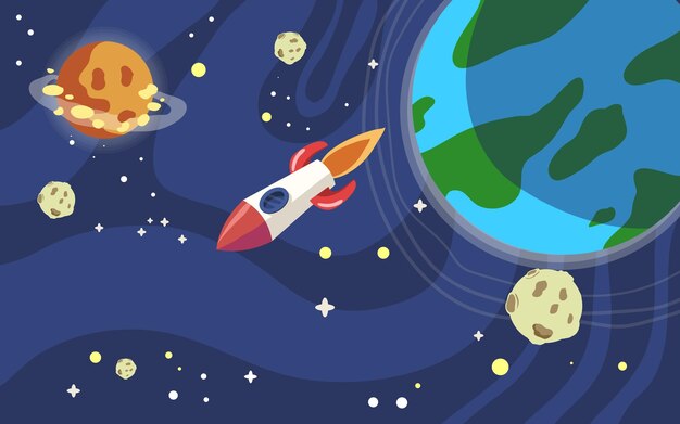 vector hand drawn galaxy background with planet star and asteroids