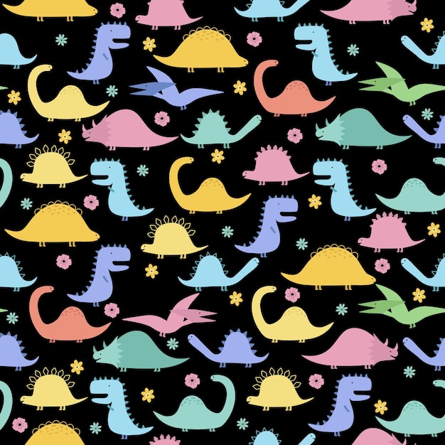 Vector hand drawn illustration with the cute dinosaurs and simple flowers seamless