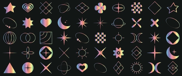 Vector icons on a black background Collection of abstract geometric symbols in rainbow gradient