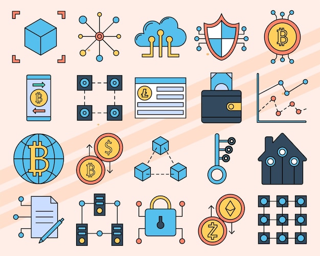 Vector icons set representing blockchain technology cryptocurrency and digital security