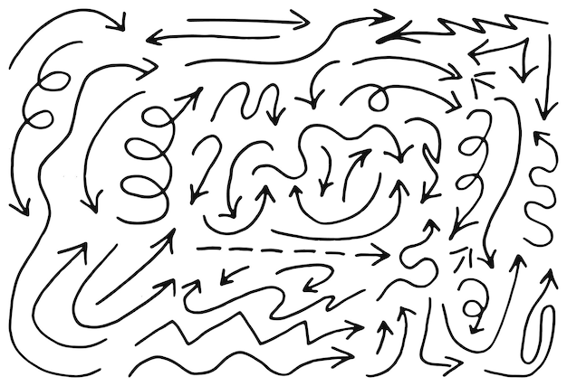 Vector icons set Sketch arrow business plan and education Curved arrows lines swirls Hand drawn
