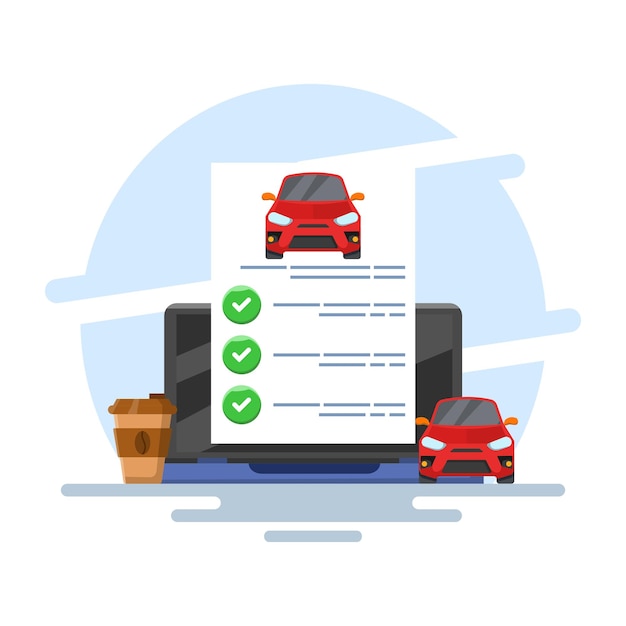 vector illustration about Online car sales registration check history details document