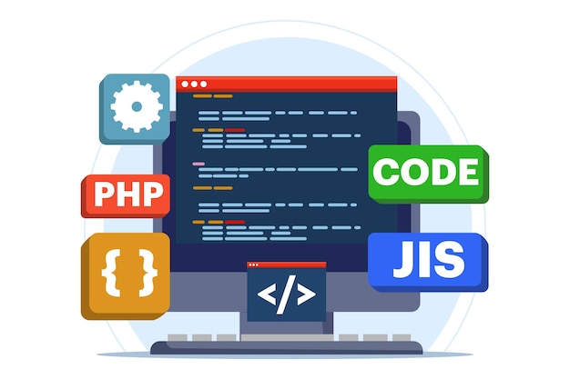 vector illustration about Web development concept or web designing with computer programming