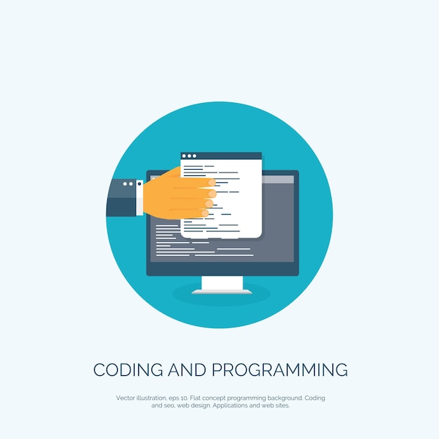 Vector illustration flat background coding programming seo search engine optimisation app