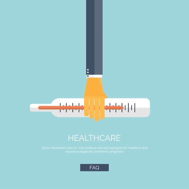 Vector illustration flat background with hand and medical thermometer first aid and diagnostic