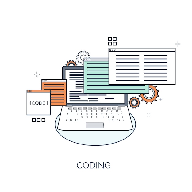 Vector illustration flat computing background programming coding web development and search seo
